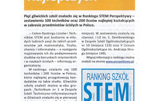 Informacja o sukcesie naszej szkoły - ranking szkół 2016 r.