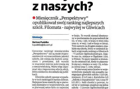 Informacja o wynikach rankingu szkół organizowanego przez miesięcznik 