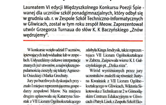 Informacja o VI edycji Konkursu Poezji Śpiewanej.